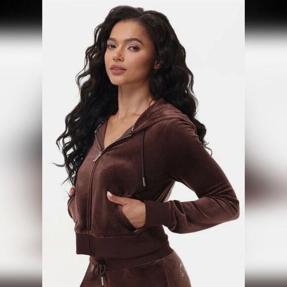 NWT Coffee Brown Velour Velvet Cropped Hoodie M Relaxed Fit - Picture 8 of 16